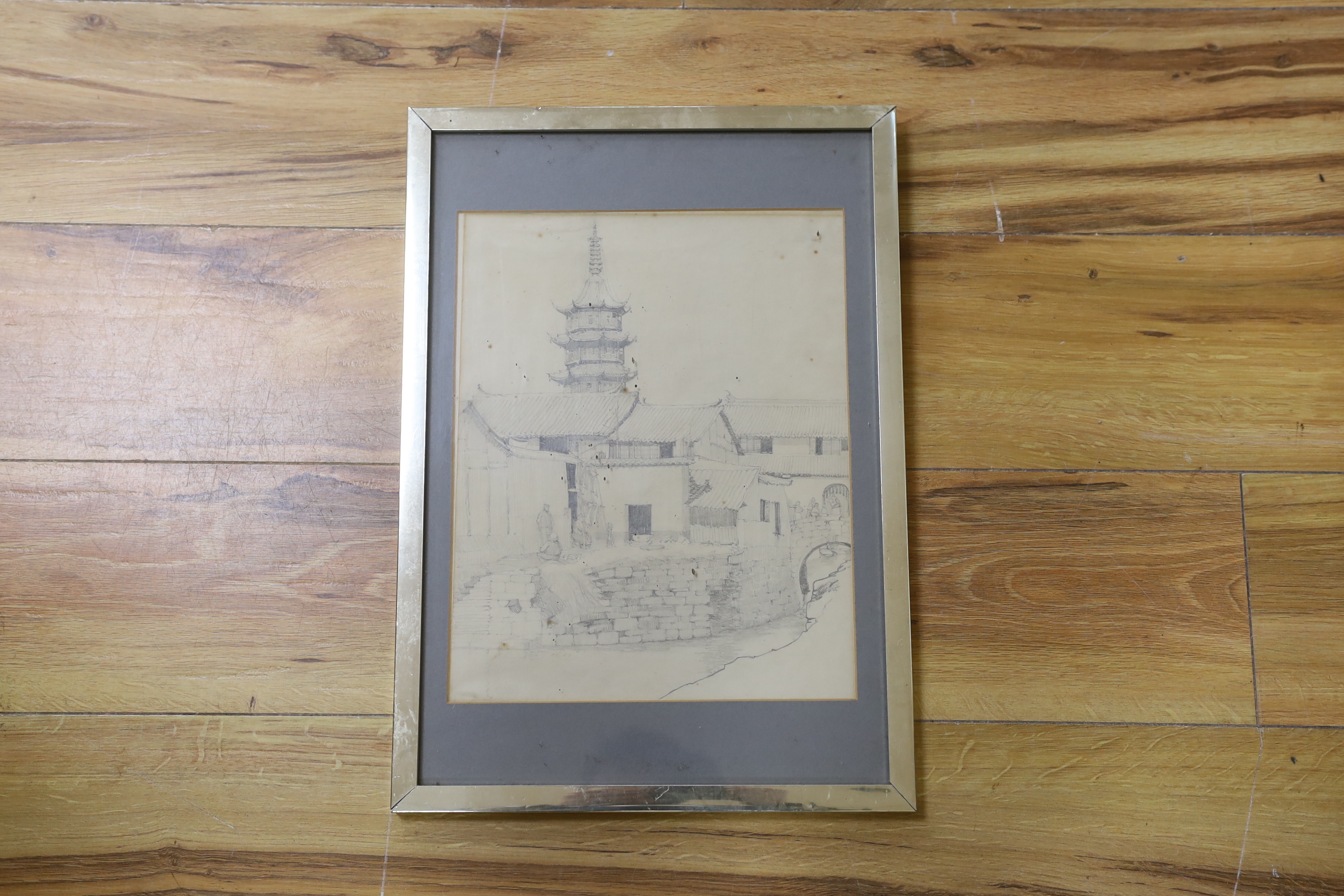 Manner of George Chinnery (1774- 1852), pencil, Chinese flat water with pagoda beyond, 31 x 25cm